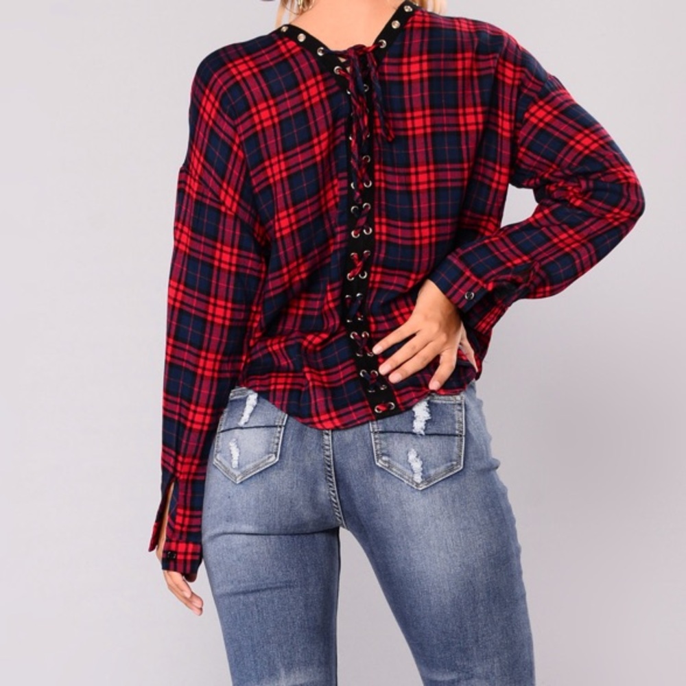 ✨ Lace Up Back Surplice Plaid Top